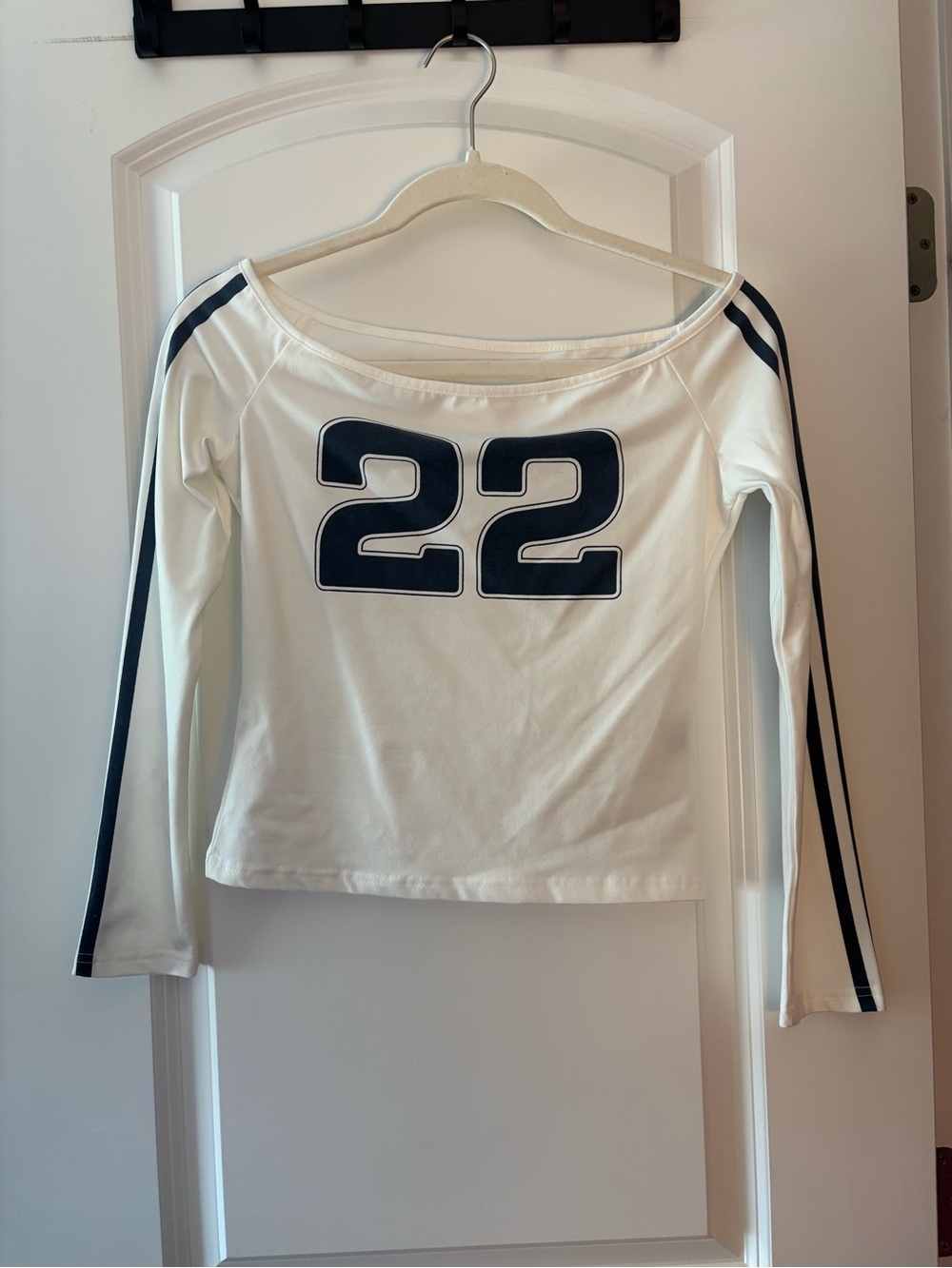 Forever 21 White Off-Shoulder Long Sleeve Top with Navy '22' Graphic